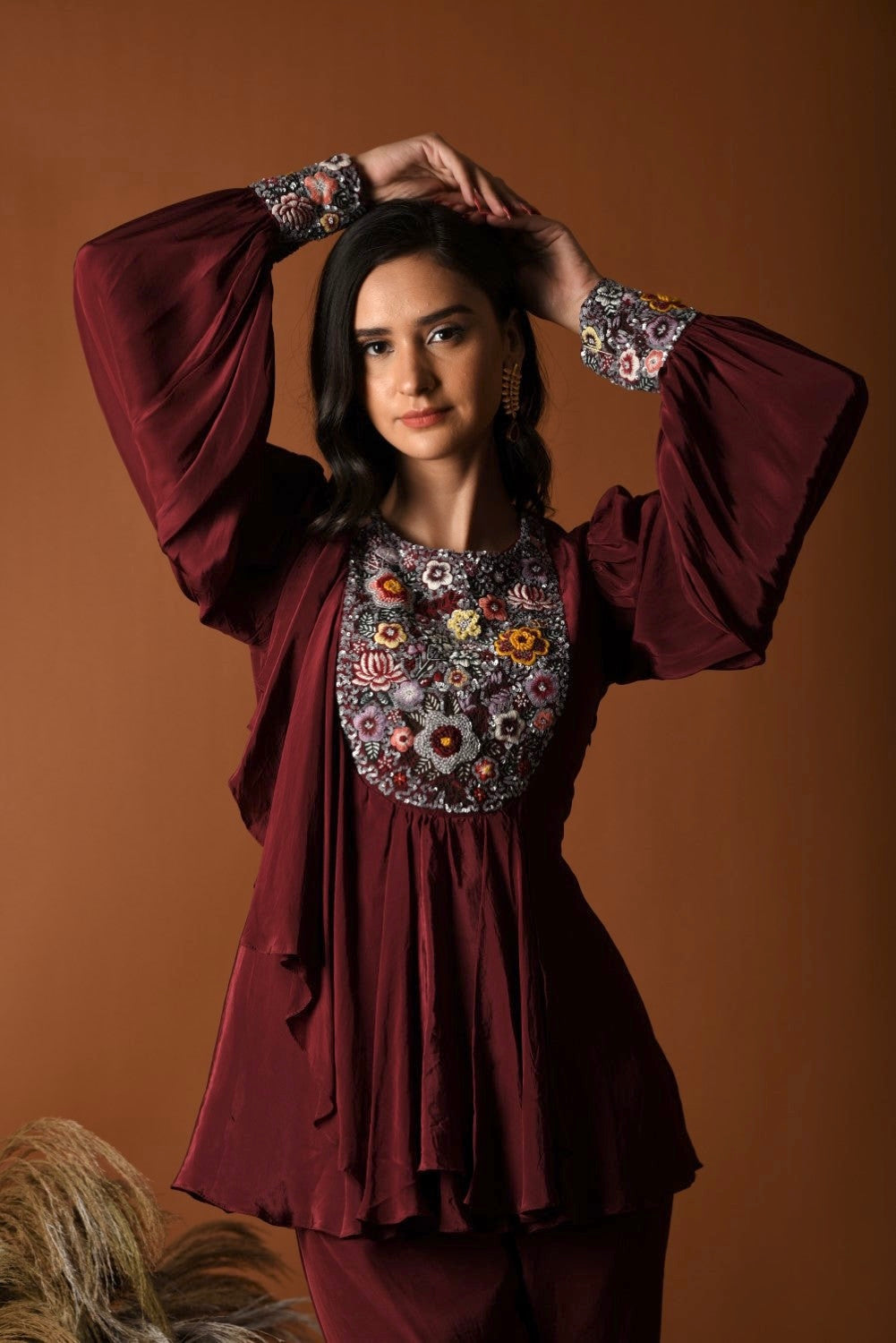 Maroon peplum top and sharara set